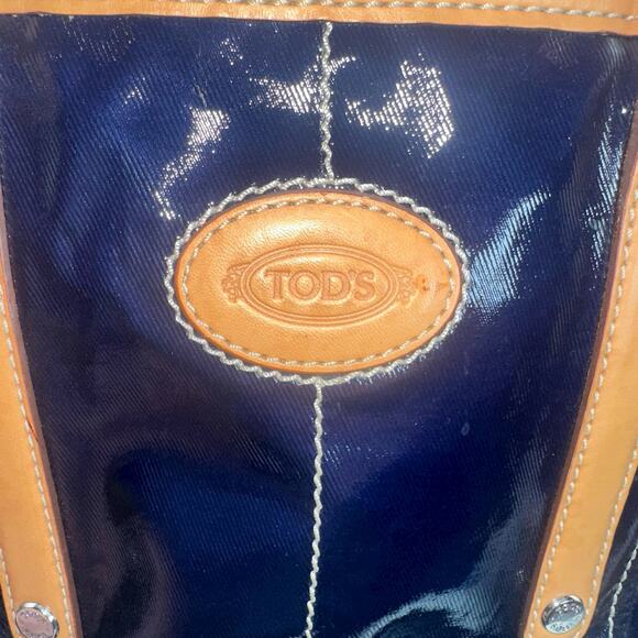 Tod’s Navy Coated Canvas Tote Tan Leather Trim Missing Crossbody Strap - Picture 7 of 13